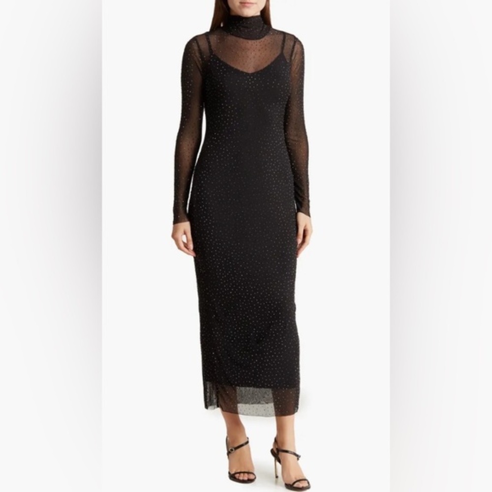 NEW Revolve AFRM Marni Black Rhinestone Sheer Long Sleeve Dress
